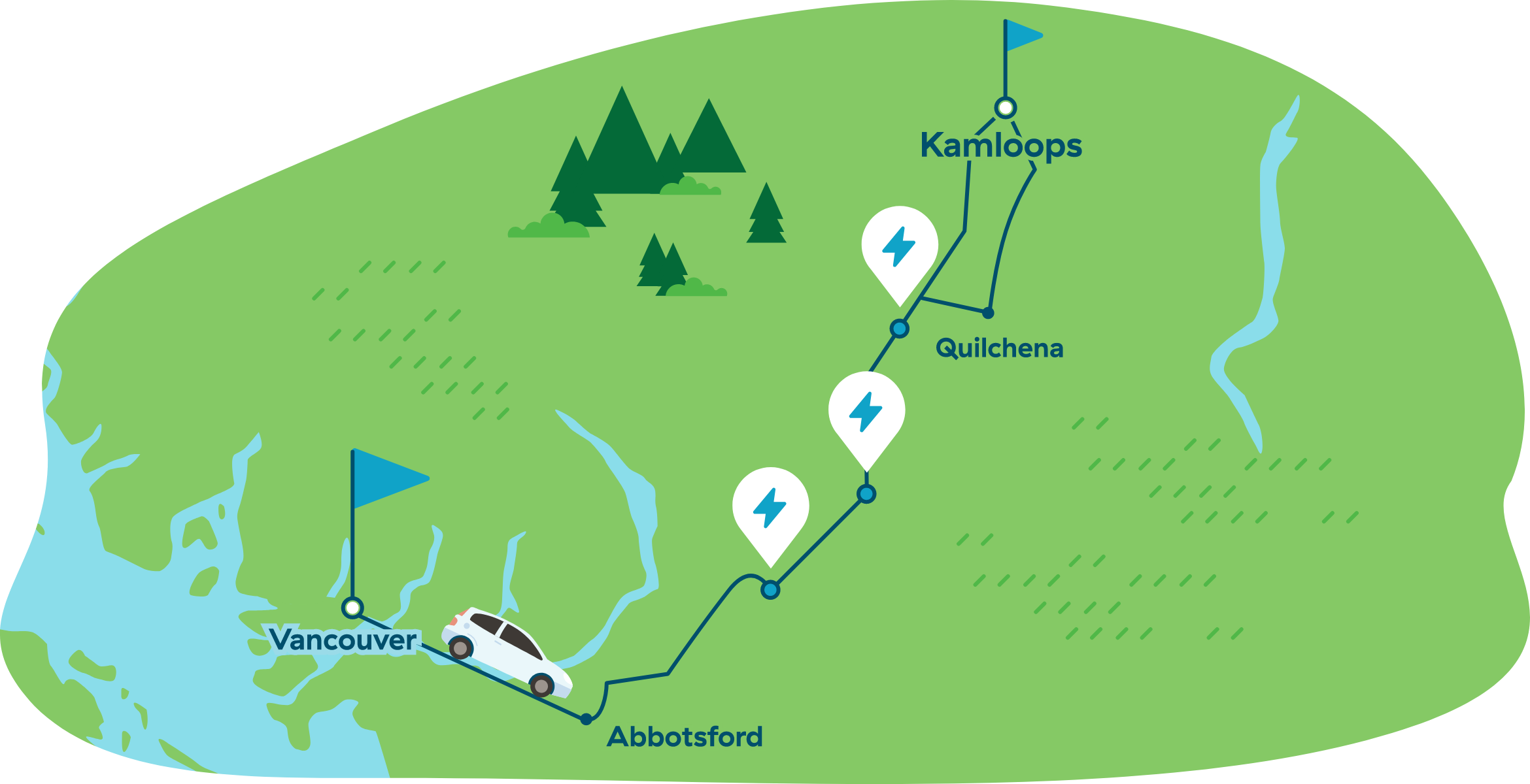 Map of driving from Vancouver to Kamloops