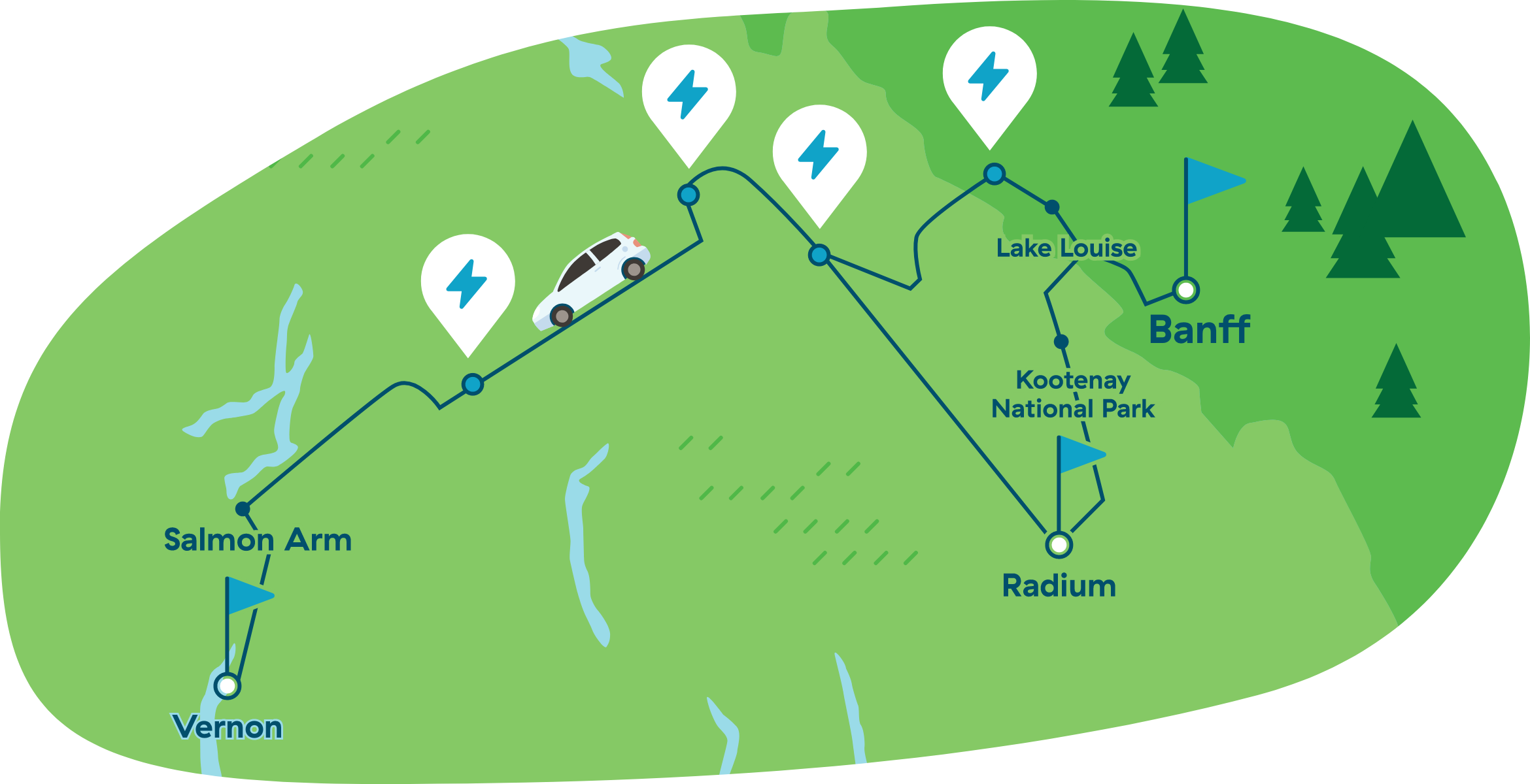 Map of driving from Vernon to Banff and Radium