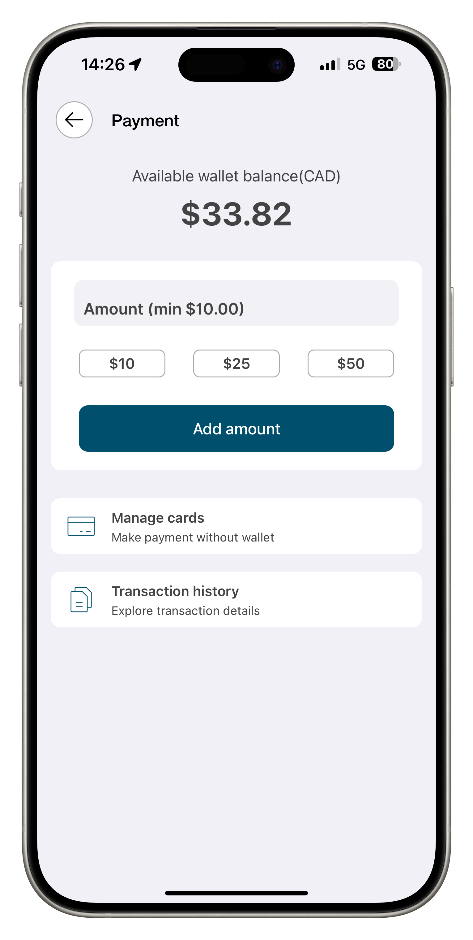 The mobile app screen when adding funds.